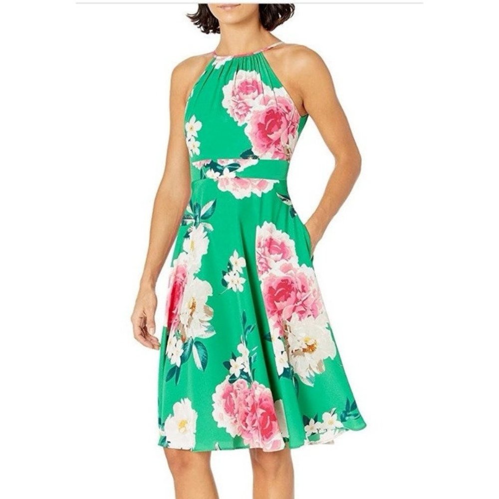 Eliza J Dress 4 Floral Green Pink A Line Flowy Sleeveless Pockets Washable NEW